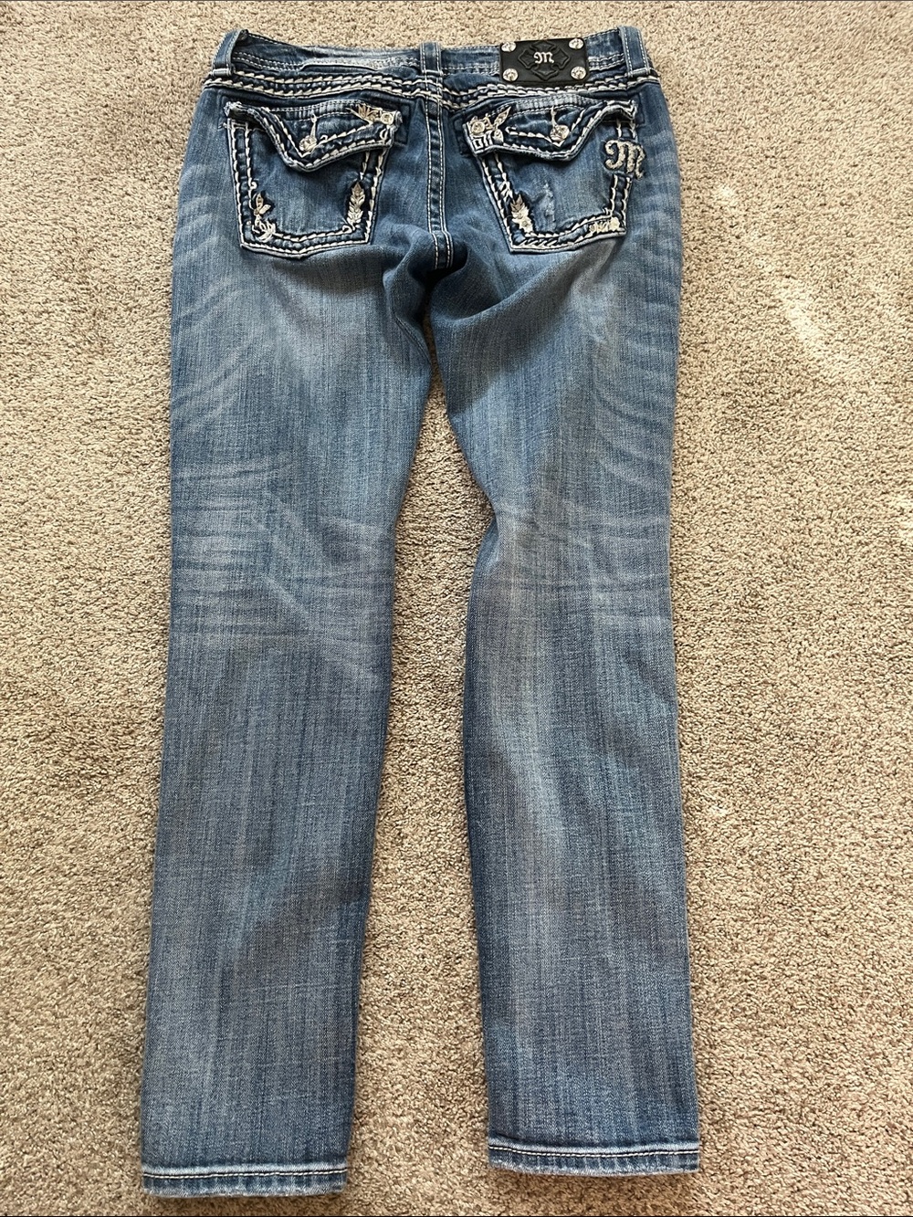 Miss Me Medium Blue Straight Leg Jeans with Embroidered Back Pockets
